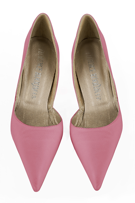 Carnation pink women's open arch dress pumps. Pointed toe. Very high slim heel. Top view - Florence KOOIJMAN